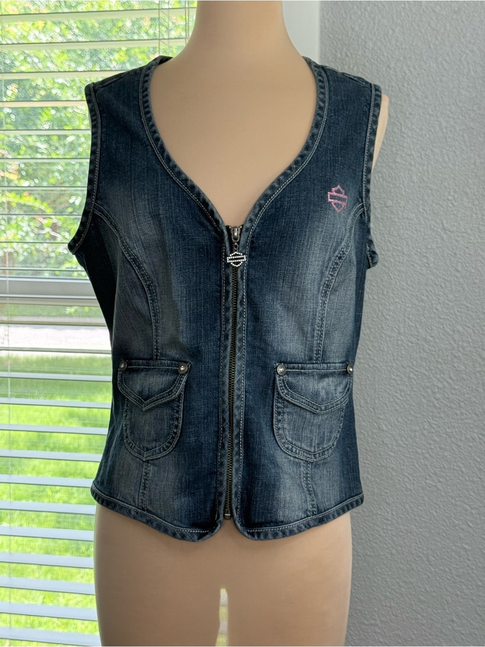 Vintage Y2K Zip Up Harley Davidson Vest Size Large Lace Up Back Rhinestone